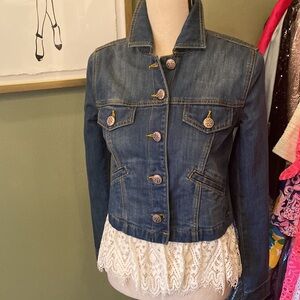 CAbi Blue Jean Jacket with White Lace Trim
